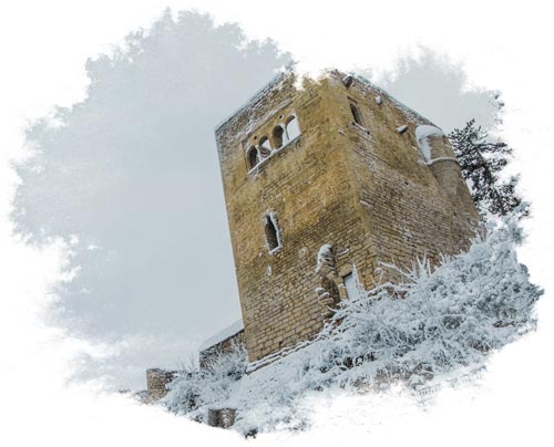 Lobdeburg Castle in Jena covered in snow with water color fringe frame
