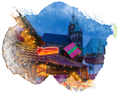 German Christmas market at night with watercolor frame